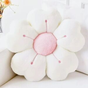 Fluffy White Flower Pillow with Pink Center